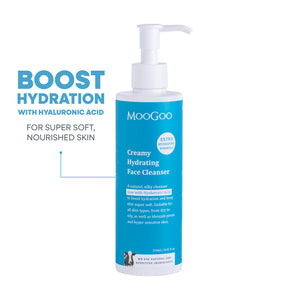 MooGoo Creamy Hydrating Face Cleanser 250ml on white backdrop, natural face cleanser for all skin types, Silky Smooth Formula With Hyaluronic Acid for Soft, Hydrated Skin