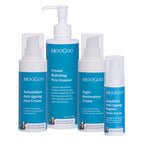 MooGoo anti-ageing antioxidant face bundle containing Antioxidant Anti-Ageing Face Cream, Creamy Hydrating Face Cleanser, Night Restoration Cream and Amplified Anti -Ageing Peptide Active Serum against white background. Unlock youthful, radiant, hydrated skin.