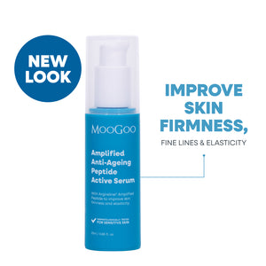 MooGoo Amplified Anti-Ageing Peptide Active Serum 25ml in white background, improves skin firmness & elasticity. 50x more potent than regular Argireline. 