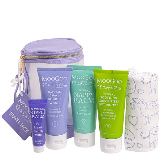 MooGoo Baby Travel Pack on white background, newborn travel essentials bundle with 2-in-1 bubbly wash, Natural Nappy Balm, Natural Nut Oil Free Soothing Moisturiser, Nipple Balm and Baby Cloth.