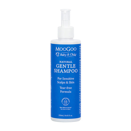 MooGoo Baby & Child Natural Gentle Shampoo on white background, tear-free shampoo for bubs, mild formula for sensitive scalps and baby skin