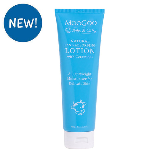 MooGoo baby and child natural fast absorbing lotion with ceramides 120g in white background. A lightweight Moisturiser for delicate skin. 