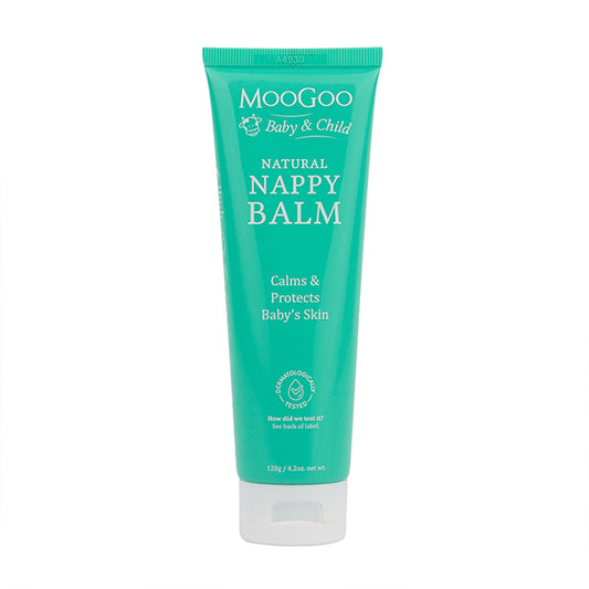 MooGoo Baby & Child Natural Nappy Balm on white background, paediatrician approved, calms and protects baby's skin against nappy rash.