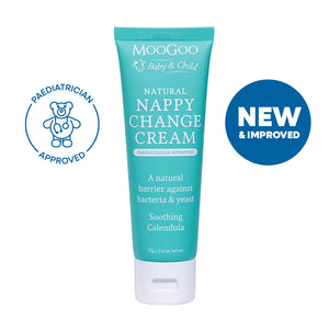 MooGoo Baby & Child Natural Nappy Change Cream on white background, pediatrician approved, calms and protects baby's skin against nappy rash.