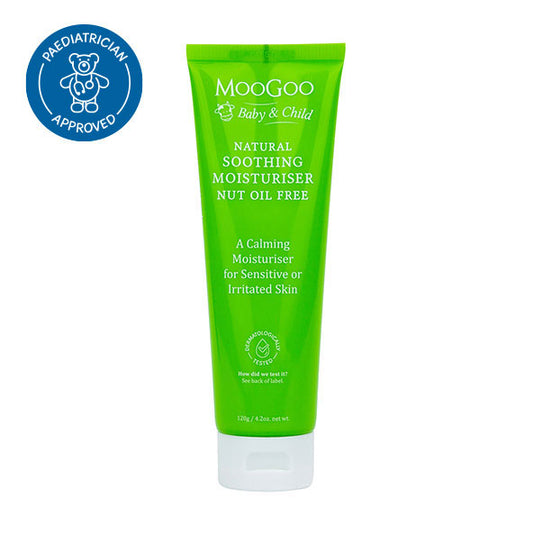 MooGoo Baby & Child Soothing Nut Oil Free Moisturiser on white background, gentle daily lotion for nut-sensitive children and delicate skin care