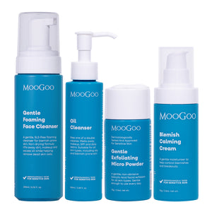 Full MooGoo blemish skincare routine pack on white backdrop, including Gentle Foaming Face Cleanser, Oil Cleansing Method, Exfoliating Micro Powder and Blemish Cleansing Moisturiser