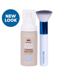 MooGoo Tanning Blending Brush with Natural Face Mist on clean white backdrop, fake tan kit for face and body, golden bronzed glow without streaks