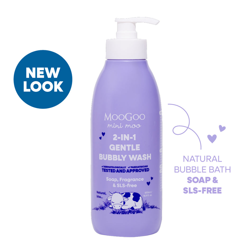 Purple bottle of MooGoo 2-in-1 Gentle Bubbly Wash with pump on a white background. Paediatrician approved gentle cleaner & bubble bath. Soap & SLS free. 
