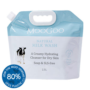 Eco friendly refill pouch of MooGoo Natural Milk Wash 2.5L, creamy cleanser for sensitive dry skin, soap and sulphate free