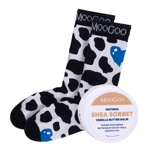 MooGoo Cracked Heels Set featuring Shea Sorbet Balm and Cow Print Socks on clean backdrop, hydrating foot treatment for dry heels and overnight repair