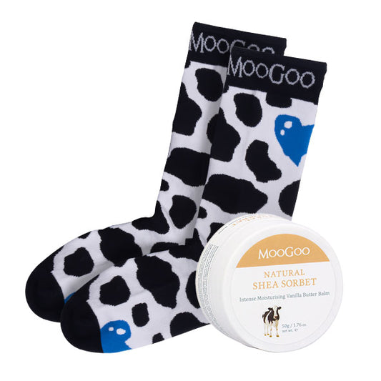 MooGoo Cracked Heels Set featuring Shea Sorbet Balm and Cow Print Socks on clean backdrop, hydrating foot treatment for dry heels and overnight repair