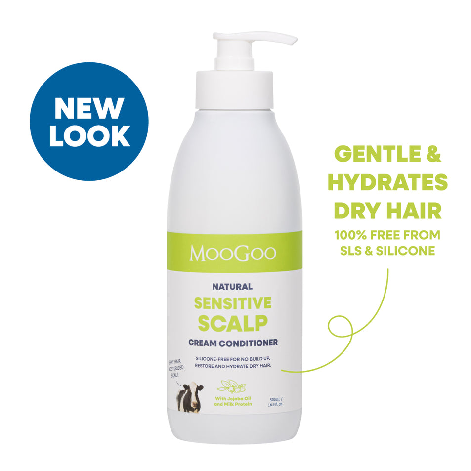 MooGoo Natural Sensitive Scalp Cream Conditioner bottle on a white background with a blue 'NEW LOOK' badge and green text highlighting gentle hydration for dry hair. Gentle & hydrates dry hair. Free from SLS & silicone. 