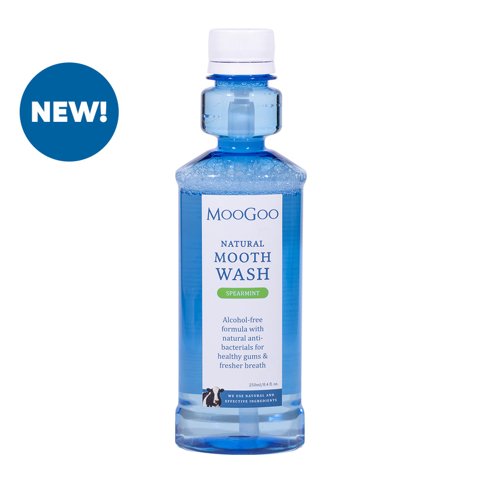 MooGoo Natural Moothwash Spearmint in hygienic blue bottle on white background, gentle alcohol and fluoride free mouthwash for healthy gums