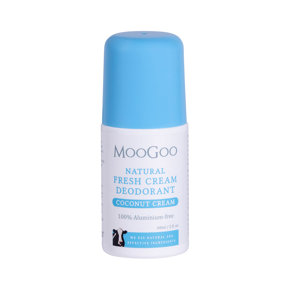 MooGoo Fresh Cream Deodorant Coconut Cream on plain background, natural deodorant free from parabens, phenoxyethanol and aluminium