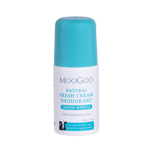 MooGoo Fresh Cream Deodorant Lemon Myrtle displayed on clean white backdrop, natural roll-on with light citrus fragrance and alkaline formula, natural roll-on formula to control odour without irritation