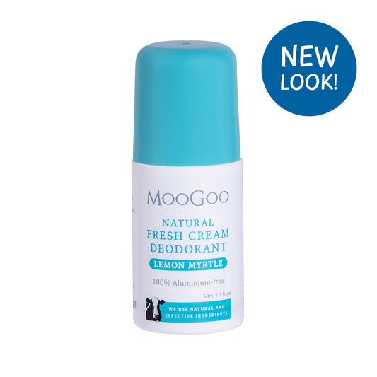 MooGoo Fresh Cream Deodorant Lemon Myrtle displayed on clean white backdrop, natural roll-on with light citrus fragrance and alkaline formula, natural roll-on formula to control odour without irritation