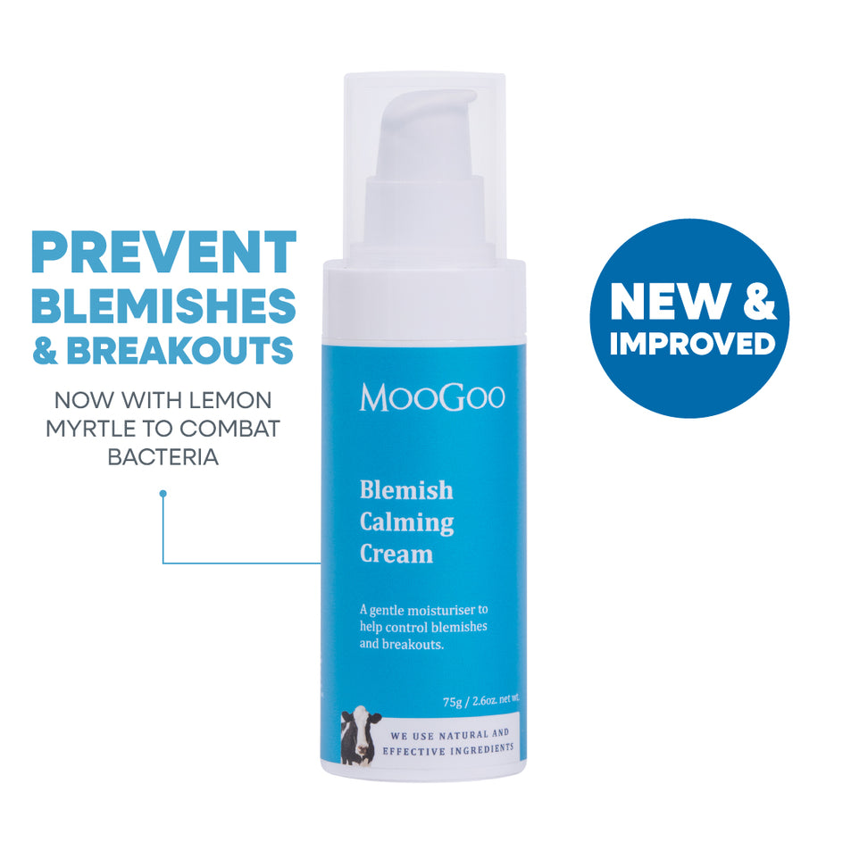 MooGoo Blemish Calming Cream blue bottle with promotional text on a white background