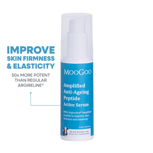 MooGoo Amplified Anti-Ageing Peptide Active Serum 25ml in white background, improves skin firmness & elasticity. 50x more potent than regular Argireline. 
