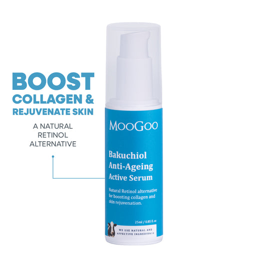 MooGoo Bakuchiol Anti-Ageing Serum shown against white background, plant-based, natural retinol alternative for boosting collagen and rejuvenating skin.