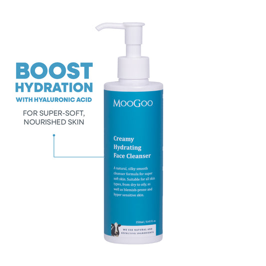 MooGoo Creamy Hydrating Face Cleanser 250ml on white backdrop, natural face cleanser for all skin types, Silky Smooth Formula With Hyaluronic Acid for Soft, Hydrated Skin