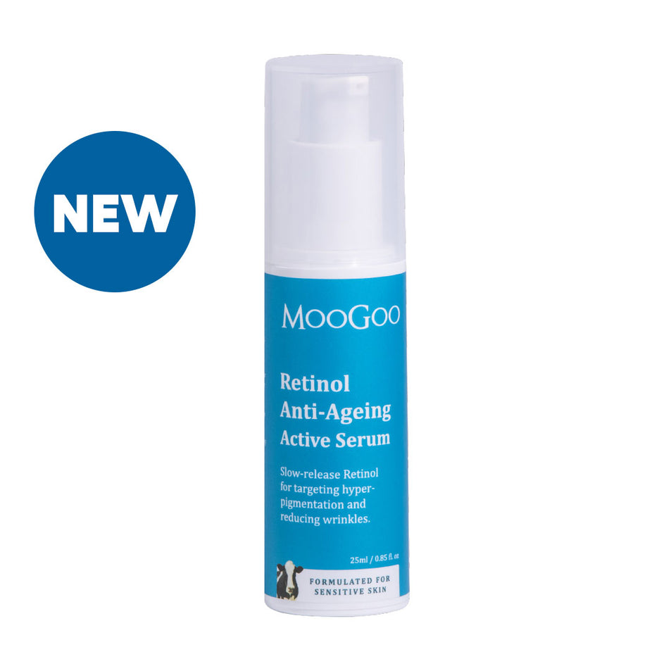 MooGoo Retinol Anti-Ageing Active Serum 25ml bottle with text highlighting slow-release Vitamin A for targeting fine lines, acne and uneven skin tone
