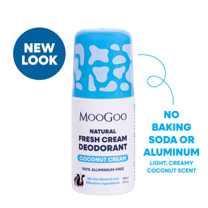 MooGoo Fresh Cream Deodorant Coconut Cream on plain background, natural deodorant free from parabens, phenoxyethanol and aluminium