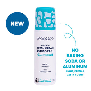 MooGoo Natural Fresh Cream Deodorant canister in Lemon Myrtle scent, featuring a white body and a turquoise cap with white spots. The image includes a blue 'NEW LOOK' badge against a white background. Natural Aluminum free roll-on formula to control odor without irritation. 