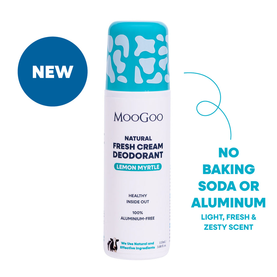 MooGoo Natural Fresh Cream Deodorant canister in Lemon Myrtle scent, featuring a white body and a turquoise cap with white spots. The image includes a blue 'NEW LOOK' badge against a white background. Natural Aluminum free roll-on formula to control odor without irritation. 