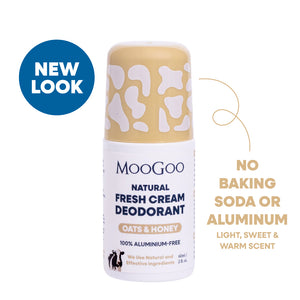 MooGoo Fresh Cream Deodorant Oats and Honey on white background, aluminium free natural roll-on with gentle alkaline formula to prevent odour