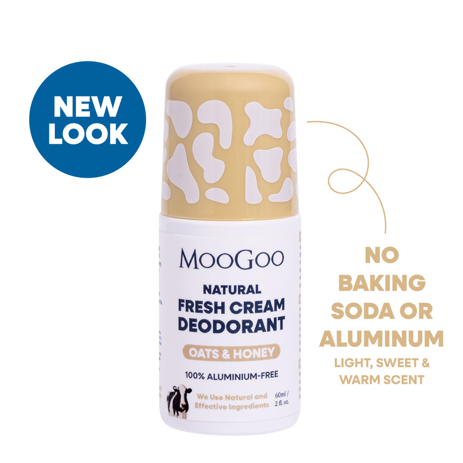 MooGoo Fresh Cream Deodorant Oats and Honey on white background, aluminium free natural roll-on with gentle alkaline formula to prevent odour
