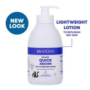 A bottle of MooGoo Natural Quick Absorb fast hydrating lotion with a pump dispenser, shown on a white background with promotional text overlays 'NEW LOOK' and 'LIGHTWEIGHT LOTION TO REPLENISH DRY SKIN'. Lightweight fast absorbing moisturiser with chamomile, aloe vera and olive squalane for sensitive skin, improve barrier function.