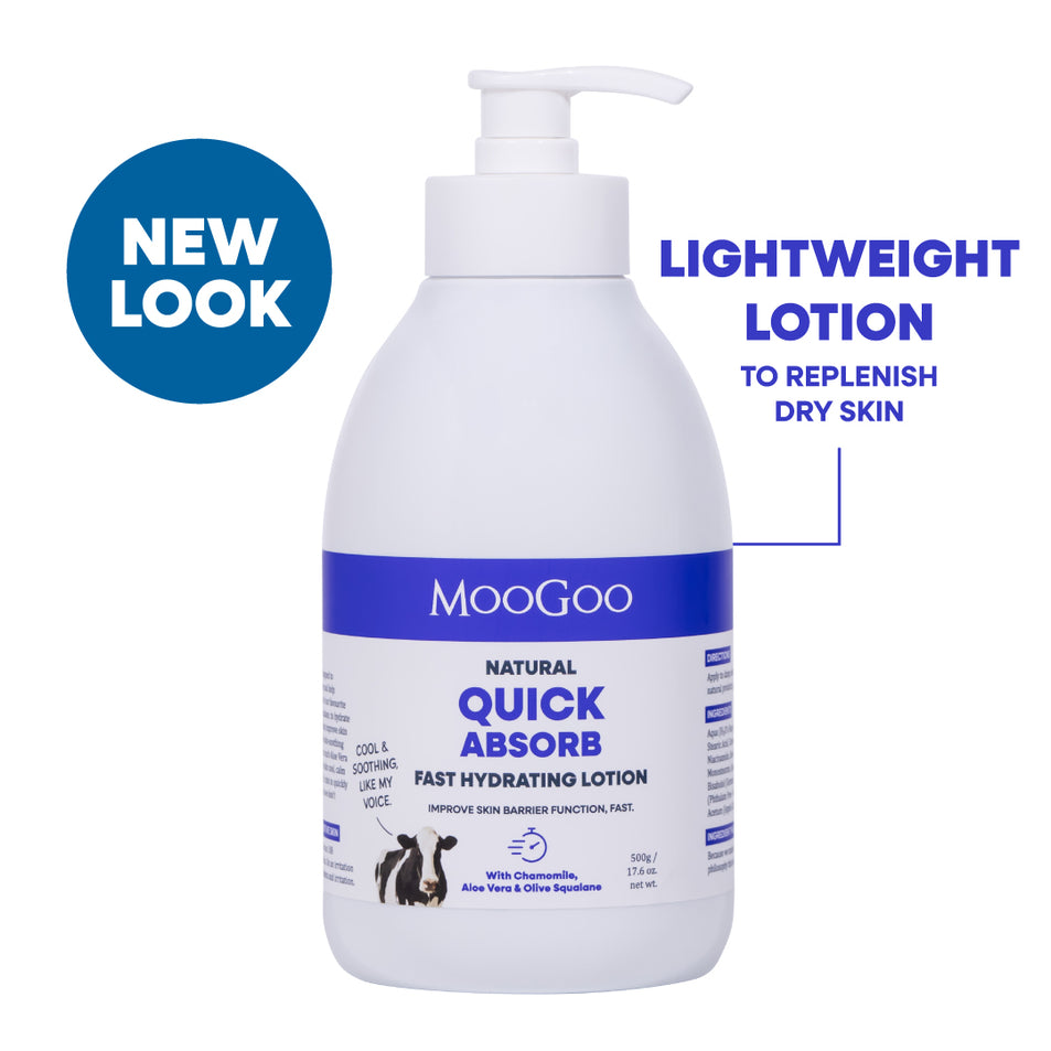 A bottle of MooGoo Natural Quick Absorb fast hydrating lotion with a pump dispenser, shown on a white background with promotional text overlays 'NEW LOOK' and 'LIGHTWEIGHT LOTION TO REPLENISH DRY SKIN'. Lightweight fast absorbing moisturiser with chamomile, aloe vera and olive squalane for sensitive skin, improve barrier function.