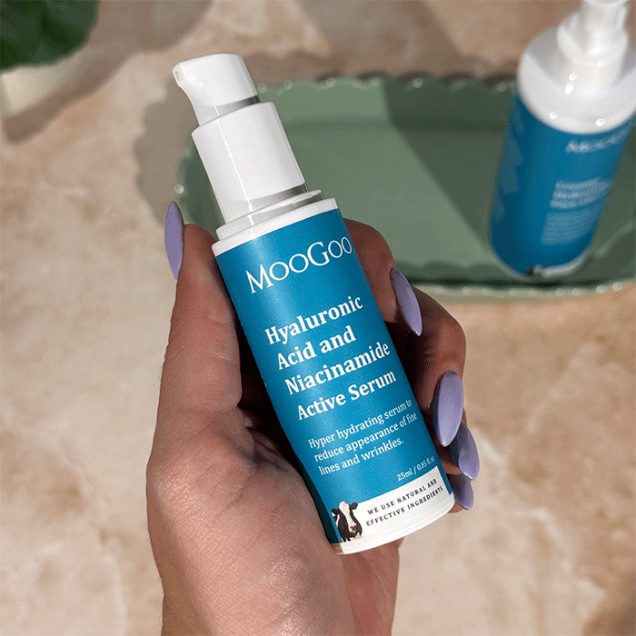 MooGoo Hyaluronic Acid and Niacinamide Active Serum close-up photo, lightweight daily serum to reduce fine lines and improve skin tone balance
