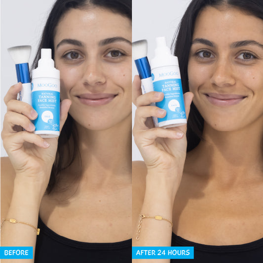 Before and after results using MooGoo Natural Tanning Face Mist, model’s skin shows natural sunless tan with radiant glow after 24 hour