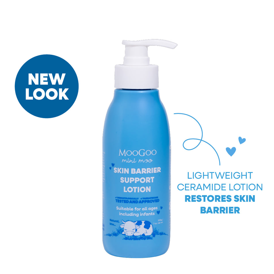 MooGoo baby and child Mini Moo Skin Barrier Support Lotion with ceramides 200g in a blue pump bottle, shown on a white background. Lightweight ceramide moisturizer for delicate skin to help restore the skin barrier. 