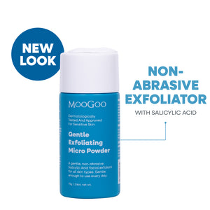 MooGoo Gentle Exfoliating Micro Powder on white background, salicylic acid facial exfoliant with rice bran powder, gently exfoliates and smoothes skin