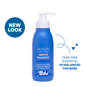 Blue MooGoo baby and child Mini Moo Gentle shampoo bottle with pump on a white background. Tear-free shampoo for bubs, pH balanced, mild formula for sensitive scalps and baby skin. 