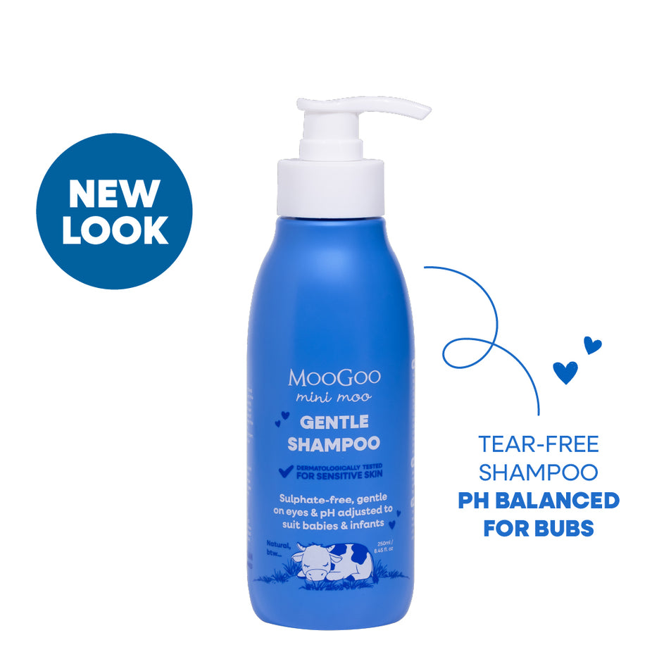 Blue MooGoo baby and child Mini Moo Gentle shampoo bottle with pump on a white background. Tear-free shampoo for bubs, pH balanced, mild formula for sensitive scalps and baby skin. 