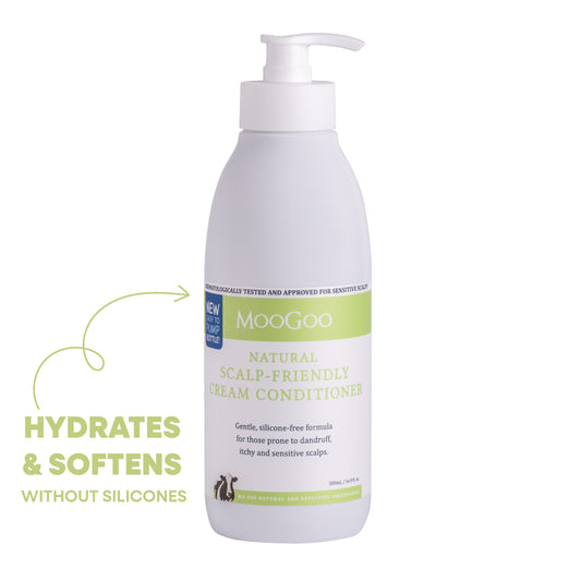 MooGoo Natural Sensitive Scalp Cream Conditioner on white background, silicone free hair conditioner with jojoba oil and milk protein for sensitive scalps and all hair types