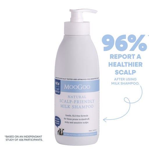 MooGoo Milk Shampoo for sensitive scalp shown on clean background, dermatologist-approved scalp care, SLS free.