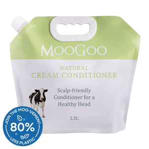 MooGoo Natural Cream Conditioner refill pouch 2.5L on white background, scalp friendly silicone free conditioner eco pack with 80% less plastic