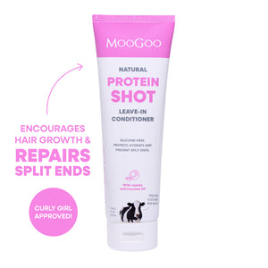 MooGoo Protein Shot Leave-In Conditioner 120g tube on white background, natural silicone-free formula for split ends and hair protection.