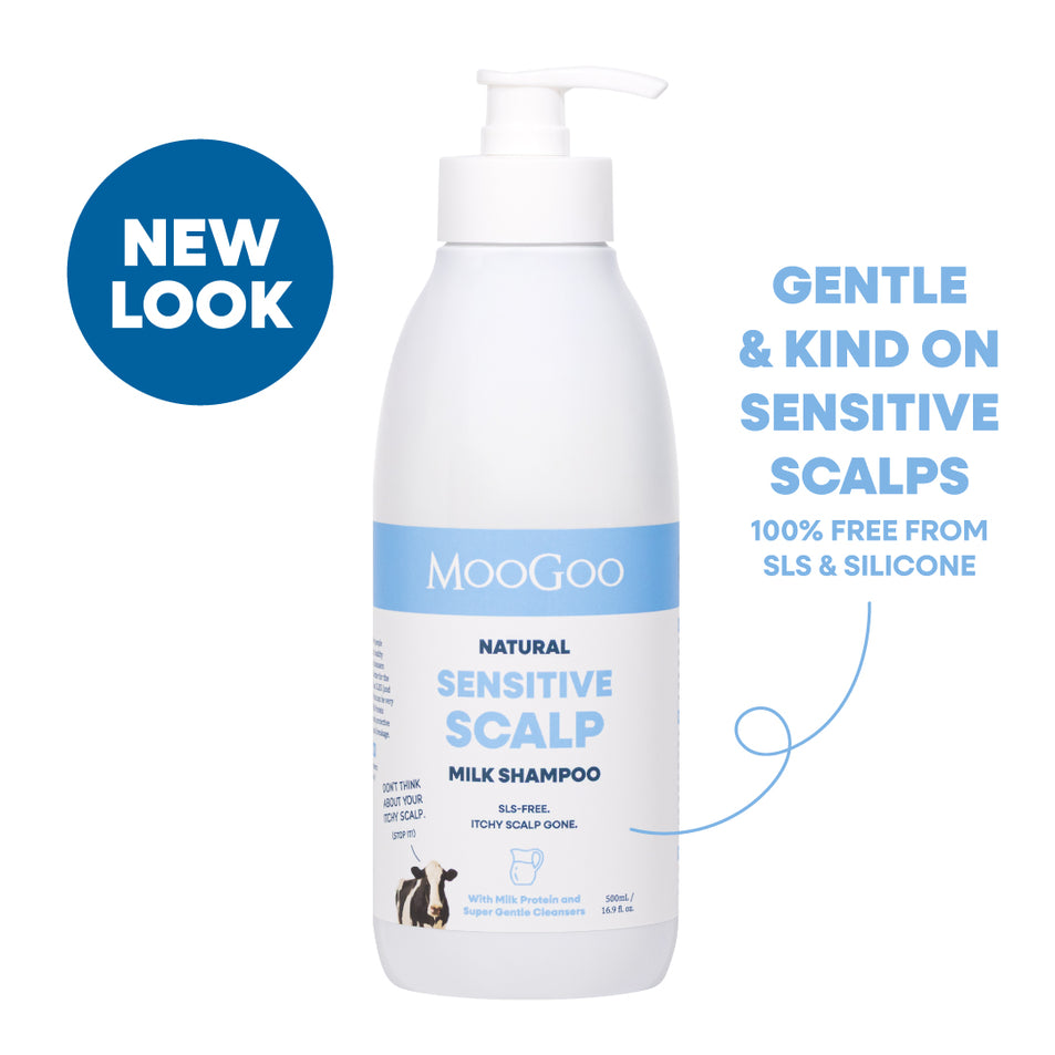 MooGoo Natural Sensitive Scalp Milk Shampoo bottle in a white pump bottle with a blue label band, shown on a white background with a blue 'NEW LOOK' badge and marketing text. Gentle & kind on sensitive scalps. Free from SLS & silicone. 