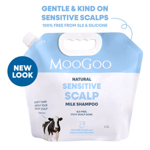 MooGoo Natural Sensitive Scalp Milk Shampoo refill pouch in light blue and white, featuring a cow illustration and promotional text including 'Gentle & Kind on Sensitive Scalps' and a blue 'New Look' badge. SLS, Silicone & Sulphate-free shampoo for scalp health. 