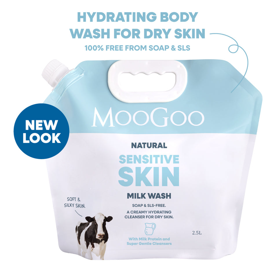 MooGoo Natural Sensitive Skin Milk Wash in a 2.5L flexible refill pouch. Eco friendly refill pouch of MooGoo Natural Milk Wash 2.5L, creamy cleanser for sensitive dry skin, soap and sulphate free. Hydrating body wash for dry skin. 