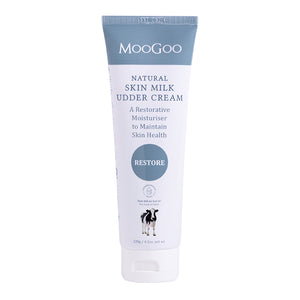 MooGoo Skin Milk Udder Cream on white background, natural restorative moisturiser with aloe vera and vitamin E for dry, sensitive or damaged skin.