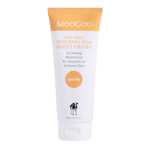 MooGoo Soothing MSM Moisturiser on white background, natural moisturiser with MSM and aloe vera to relieve itchiness, dryness and rosacea sensitivity
