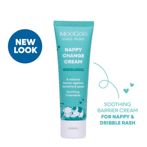 MooGoo Baby & Child Natural Nappy Change Cream on white background, pediatrician approved, calms and protects baby's skin against nappy rash.