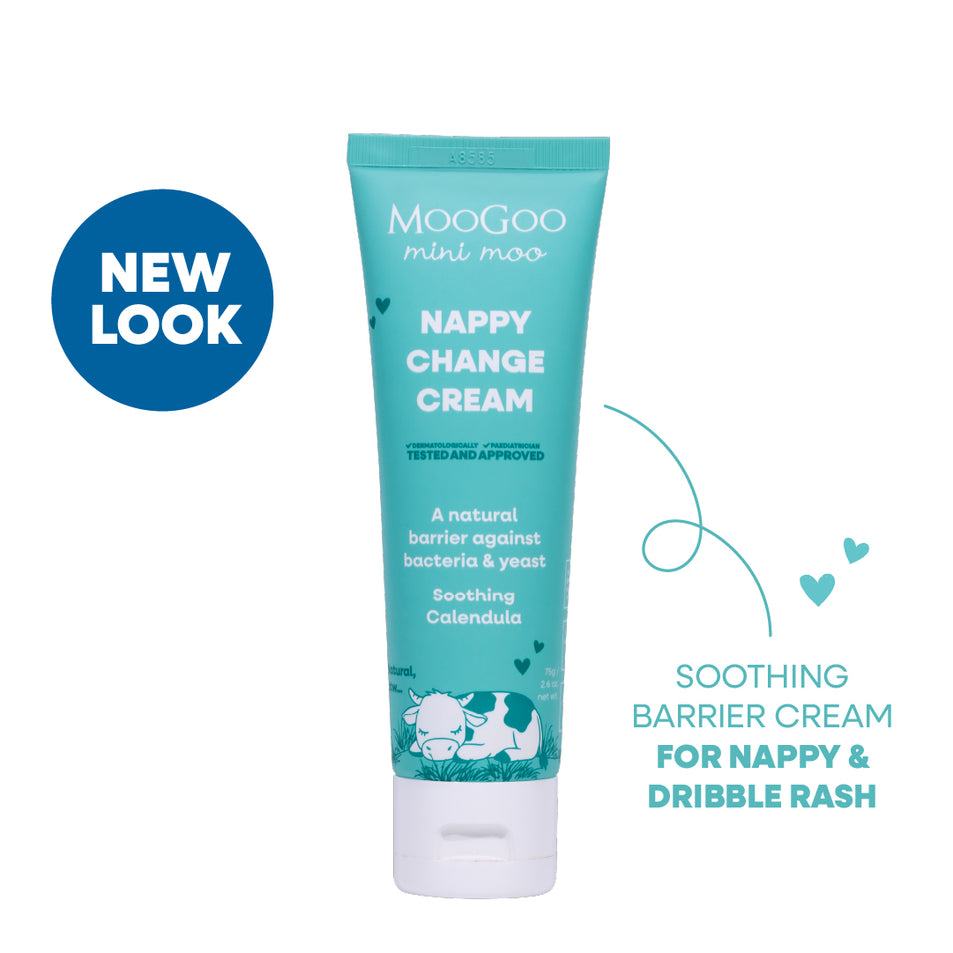 MooGoo Baby & Child Natural Nappy Change Cream on white background, pediatrician approved, calms and protects baby's skin against nappy rash.