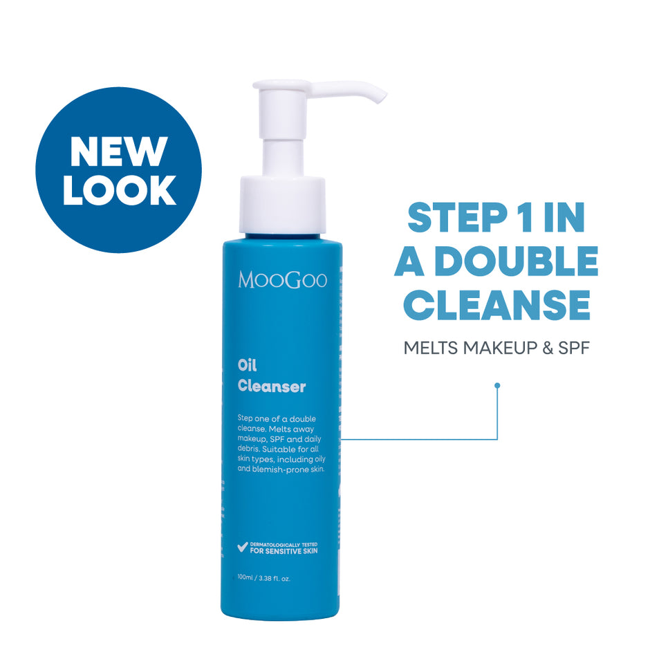 MooGoo Oil Cleansing Method 100ml bottle, natural oil-based face wash for dry or breakout-prone skin, removes makeup and sunscreen without stripping oils